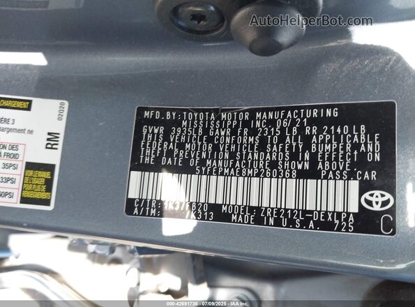 5YFEPMAE8MP260368 2021 TOYOTA LL Blue ძრავის განყოფილების ხედი