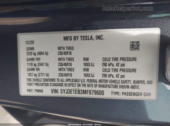 5YJ3E1EB3MF879600 2021 TESLA MODEL 3 Серый Вид подкапотного пространства