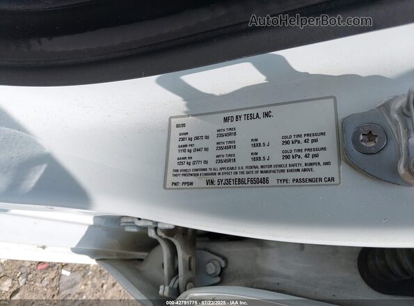 5YJ3E1EB6LF650486 2020 TESLA MODEL 3 Белый 