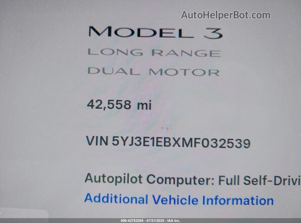 5YJ3E1EBXMF032539 2021 TESLA MODEL 3 Red უკანა სავარძლების ხედი