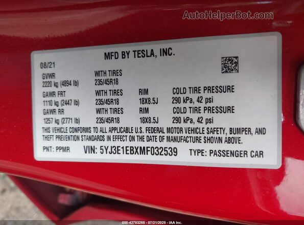 5YJ3E1EBXMF032539 2021 TESLA MODEL 3 Red ძრავის განყოფილების ხედი