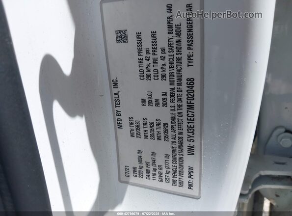 5YJ3E1EC7MF020468 2021 TESLA MODEL 3 White 