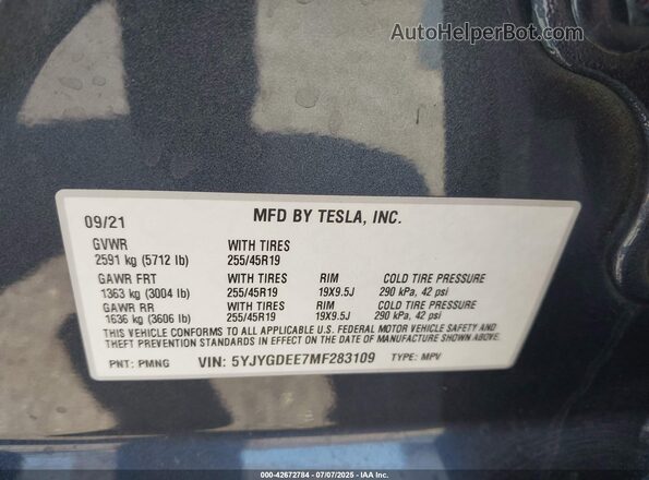 5YJYGDEE7MF283109 2021 TESLA MODEL Y Gray Engine compartment view