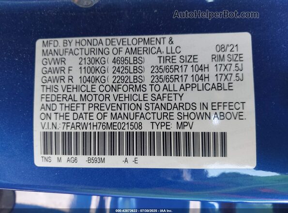 7FARW1H76ME021508 2021 HONDA CR-V Синий 