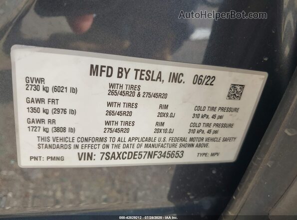 7SAXCDE57NF345653 2022 TESLA MODEL X Gray Engine compartment view