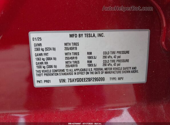 7SAYGDEE2SF295099 2025 TESLA MODEL Y Red Вид підкапотного простору