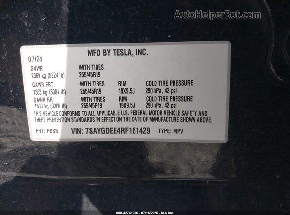 7SAYGDEE4RF161429 2024 TESLA MODEL Y Black 