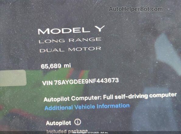 7SAYGDEE9NF443673 2022 TESLA MODEL Y Blue 360 interior view