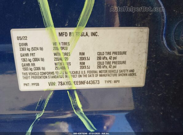 7SAYGDEE9NF443673 2022 TESLA MODEL Y Blue Engine compartment view