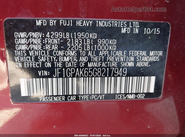 JF1GPAK65G8217949 2016 SUBARU IMPREZA Red Widok komory silnika