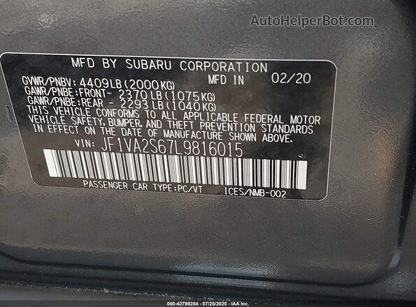 JF1VA2S67L9816015 2020 SUBARU WRX STI Gray 