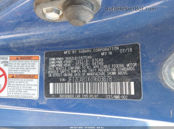 JF1ZCAB1XJ9603678 2018 SUBARU BRZ Синий Вид подкапотного пространства