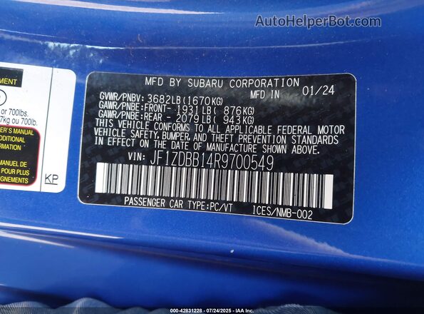 JF1ZDBB14R9700549 2024 SUBARU BRZ Blue ძრავის განყოფილების ხედი