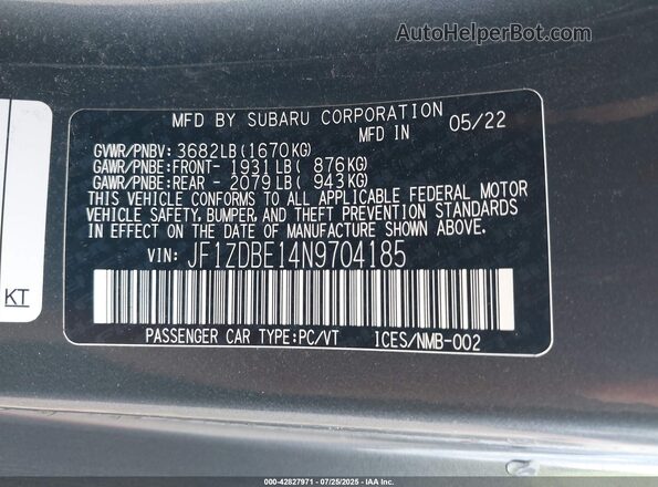 JF1ZDBE14N9704185 2022 SUBARU BRZ Gray 