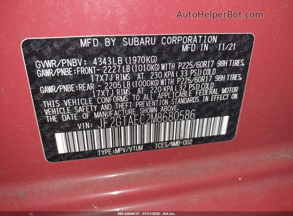 JF2GTAEC2M8680586 2021 SUBARU CROSSTREK Red Շարժիչի բաժամունքի տեսք