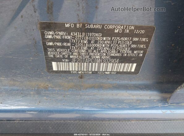 JF2GTAPC1MH302904 2021 SUBARU CROSSTREK Blue 