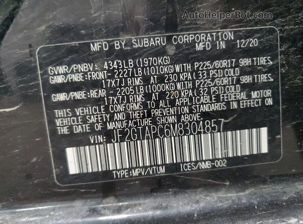 JF2GTAPC6M8304857 2021 SUBARU CROSSTREK Black VIN კოდის სტიკერის ხედი