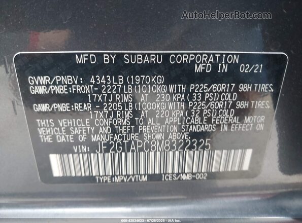 JF2GTAPC8M8322325 2021 SUBARU CROSSTREK Gray Շարժիչի բաժամունքի տեսք