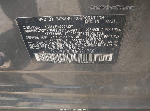 JF2SKADC3MH530758 2021 SUBARU FORESTER Gray ძრავის განყოფილების ხედი