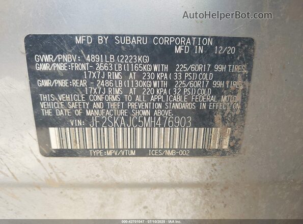 JF2SKAJC5MH476903 2021 SUBARU FORESTER Серебряный Вид подкапотного пространства