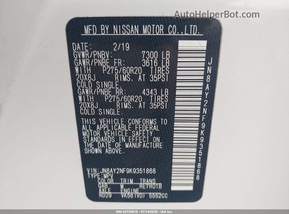 JN8AY2NF9K9351868 2019 NISSAN ARMADA White Engine compartment view