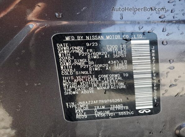 JN8AZ2AF7R9765261 2024 INFINITI QX80 Gray Widok naklejki z numerem VIN