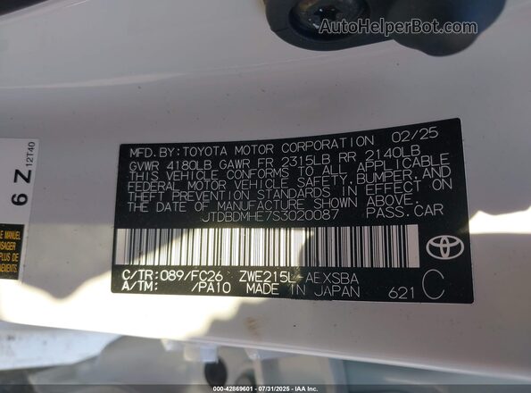 JTDBDMHE7S3020087 2025 TOYOTA LL White Շարժիչի բաժամունքի տեսք
