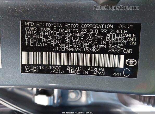 JTDEPMAE9MJ187404 2021 TOYOTA LL Light Blue Вид підкапотного простору