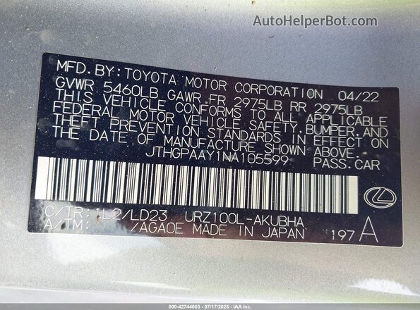 JTHGPAAY1NA105599 2022 LEXUS LC Серебряный Вид подкапотного пространства