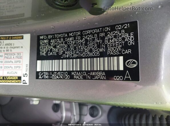 JTHP3JBH1M2038005 2021 LEXUS UX 200 Tan Vista del compartimento del motor