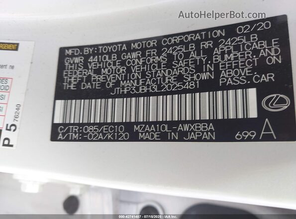 JTHP3JBH3L2025481 2020 LEXUS UX 200 White Շարժիչի բաժամունքի տեսք