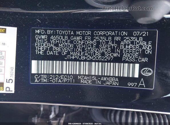 JTHP9JBH2M2052297 2021 LEXUS UX Black Widok komory silnika