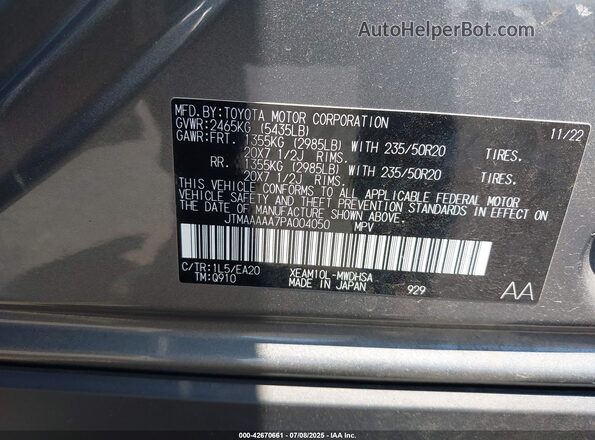 JTMAAAAA7PA004050 2023 TOYOTA LIMITED Gray ძრავის განყოფილების ხედი