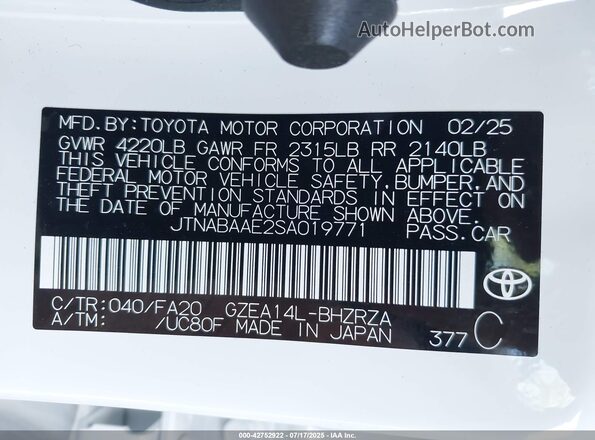 JTNABAAE2SA019771 2025 TOYOTA LL White Vista del compartimento del motor