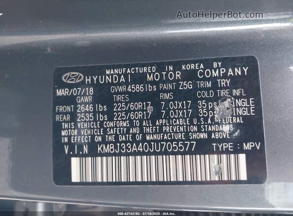 KM8J33A40JU705577 2018 HYUNDAI TUCSON Gray Widok komory silnika