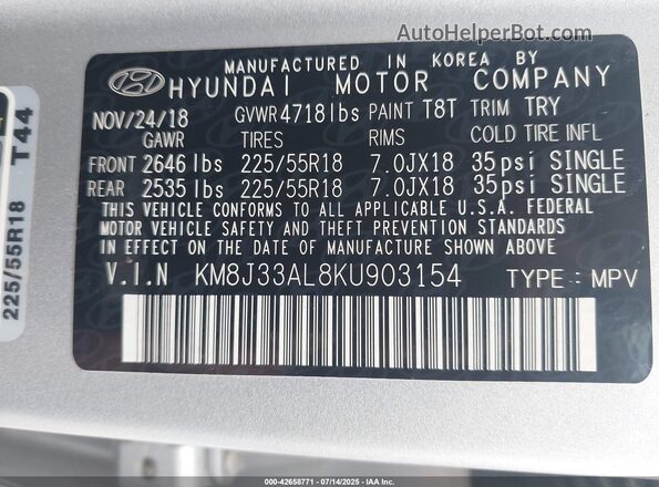 KM8J33AL8KU903154 2019 HYUNDAI TUCSON Silver Вид підкапотного простору