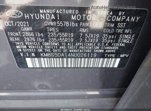 KM8S5DA14NU026119 2022 HYUNDAI SANTA FE HYBRID Gray Widok komory silnika