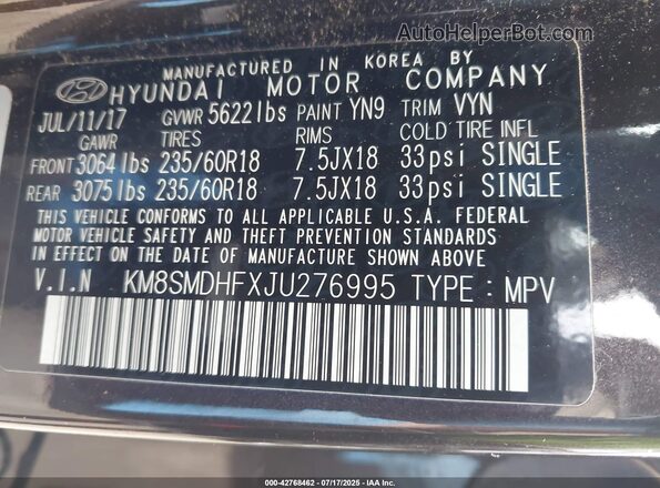 KM8SMDHFXJU276995 2018 HYUNDAI SANTA FE Black Առջևի վահանակի տեսք