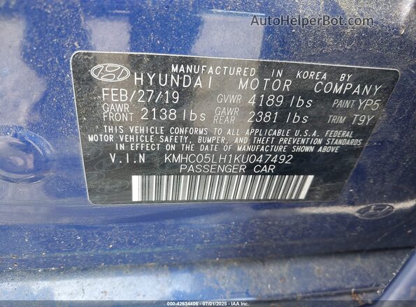 KMHC05LH1KU047492 2019 HYUNDAI IONIQ ELECTRIC Blue Շարժիչի բաժամունքի տեսք