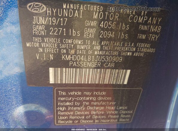 KMHD04LB1JU530909 2018 HYUNDAI ELANTRA Blue 