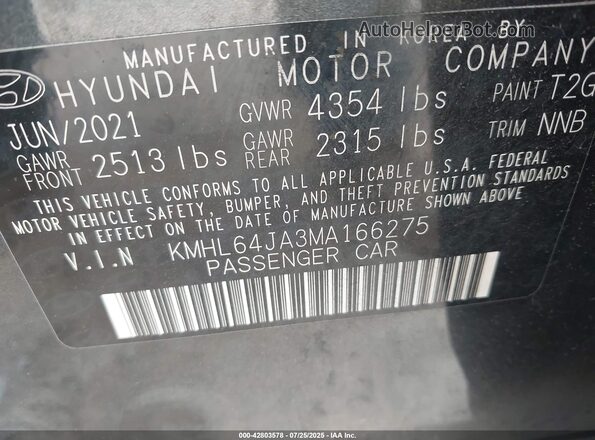 KMHL64JA3MA166275 2021 HYUNDAI SONATA Gray Вид підкапотного простору