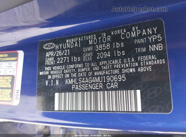 KMHLS4AG4MU190695 2021 HYUNDAI ELANTRA Blue Շարժիչի բաժամունքի տեսք