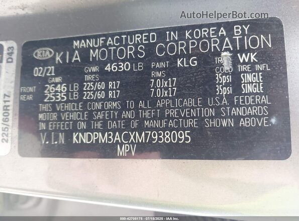 KNDPM3ACXM7938095 2021 KIA SPORTAGE Gray Vista del compartimento del motor