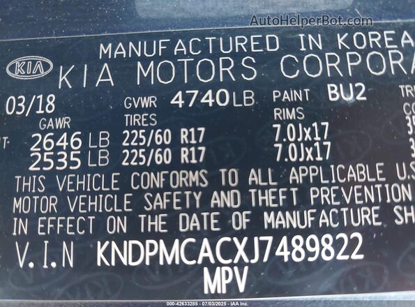 KNDPMCACXJ7489822 2018 KIA SPORTAGE Blue Вид підкапотного простору