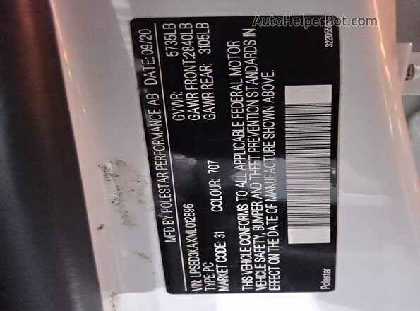 LPSED3KAXML012896 2021 POLESTAR 2 White Vista de la etiqueta del VIN