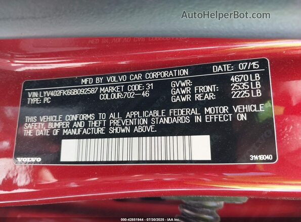 LYV402FK6GB092587 2016 VOLVO S60 INSCRIPTION Maroon Engine compartment view