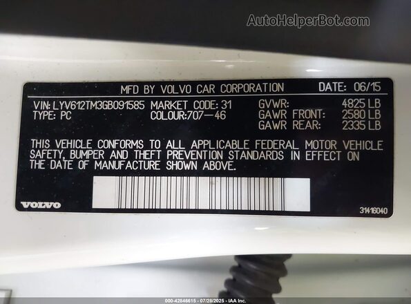 LYV612TM3GB091585 2016 VOLVO S60 INSCRIPTION White Widok komory silnika