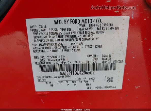 MAJ3P1TE6JC206502 2018 FORD ECOSPORT Red Engine compartment view