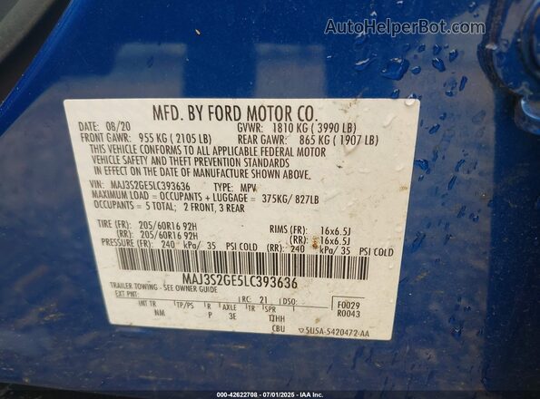 MAJ3S2GE5LC393636 2020 FORD ECOSPORT Blue Vista del compartimento del motor