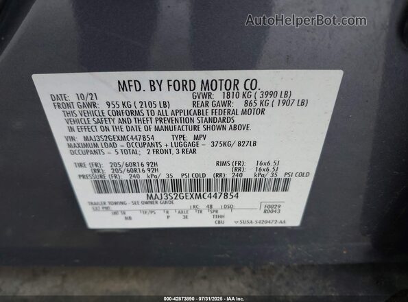 MAJ3S2GEXMC447854 2021 FORD ECOSPORT Gray Widok komory silnika